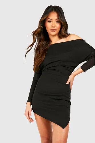 Womens Slash Neck Soft Rib Assymetric Mini Dress - Black - 8, Black