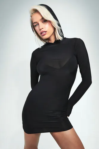 Womens Slinky Hooded Mini Dress - Black - 6, Black