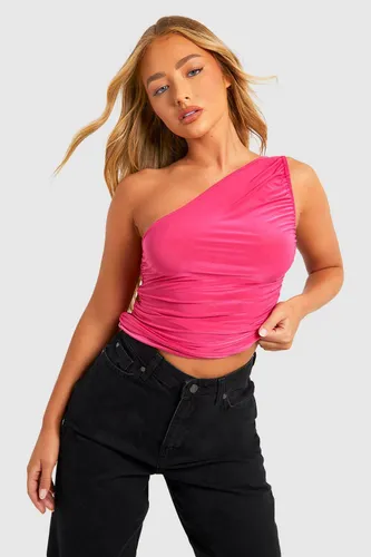 Womens Slinky One Shoulder Ruched Top - Pink - 12, Pink