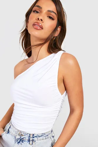 Womens Slinky One Shoulder Ruched Top - White - 12, White