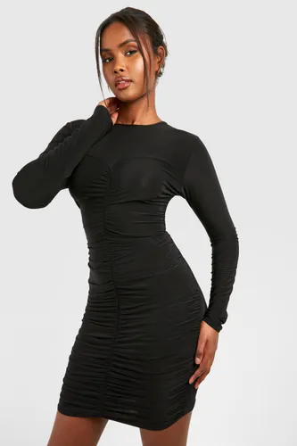 Womens Slinky Ruched Long Sleeve Mini Dress - Black - 8, Black