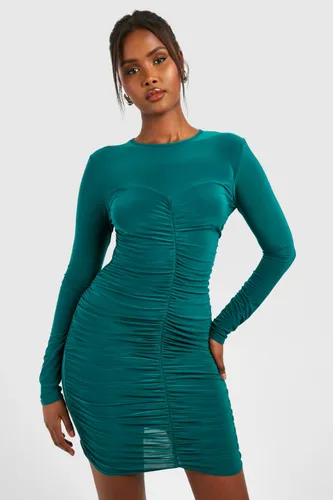 Womens Slinky Ruched Long Sleeve Mini Dress - Green - 8, Green