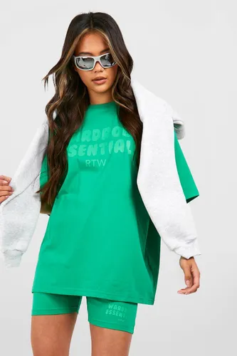 Womens Slogan Puff Print Oversized T-Shirt And Short Set - Green - S, Green