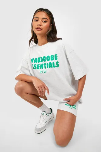 Womens Slogan Puff Print Oversized T-Shirt And Short Set - Grey - S, Grey