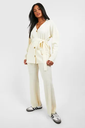 Womens Slouchy Belted Cardigan And Wide Leg Knit Set - Cream - 10, Cream