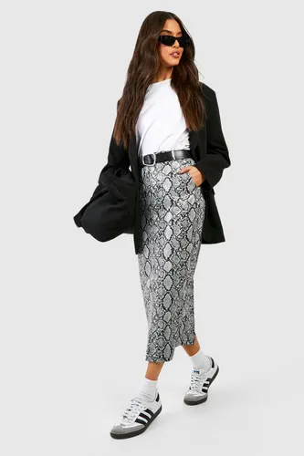 Womens Snake Leather Look Midaxi Skirt - Grey - 6, Grey