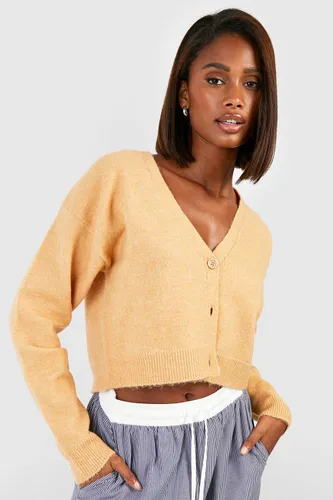 Womens Soft Knit Fine Gauge Crop Cardigan - Beige - L, Beige