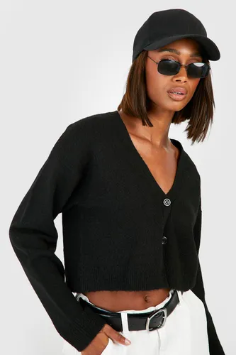 Womens Soft Knit Fine Gauge Crop Cardigan - Black - M, Black