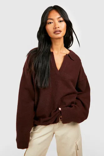 Womens Soft Knit Polo Collar Jumper - Brown - S, Brown