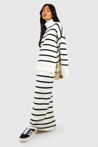 Womens Soft Knit Stripe Jumper & Maxi Skirt Set - White - S, White