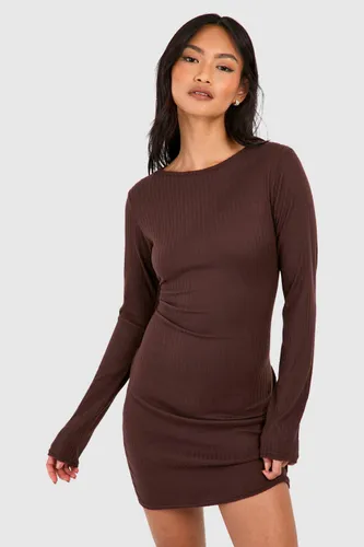 Womens Soft Rib Long Sleeve High Neck Mini Dress - Brown - 8, Brown