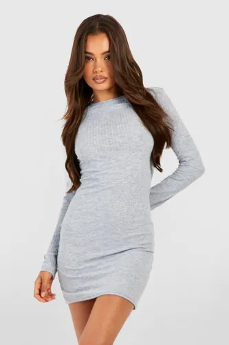 Womens Soft Rib Long Sleeve High Neck Mini Dress - Grey - 16, Grey