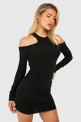 Womens Soft Rib Long Sleeve Shoulder Cut Out Mini Dress - Black - 14, Black