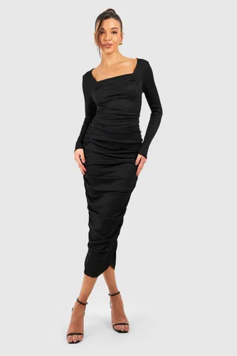 Womens Soft Rib Rouched Bust Midi Dress - Black - 8, Black