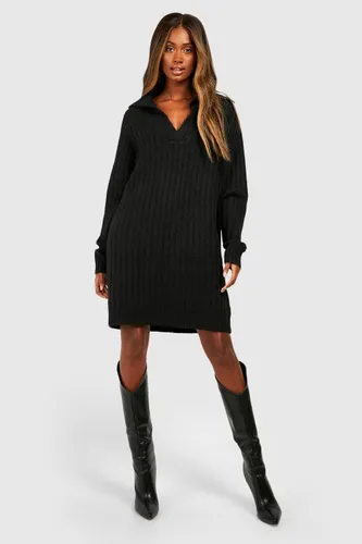 Womens Soft Wide Rib Knit Collared Jumper Dress - Black - 8, Black