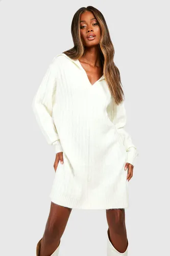 Womens Soft Wide Rib Knit Collared Jumper Dress - White - 10, White