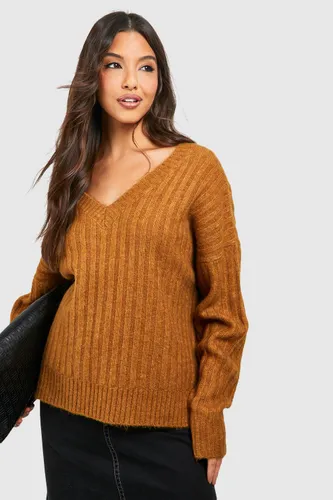 Womens Soft Wide Rib Slouchy Jumper - Brown - S, Brown