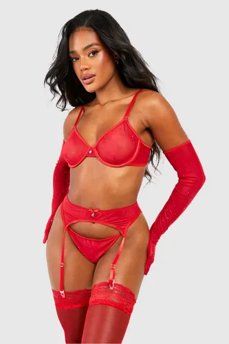 Womens Sparkle Lingerie And Suspender Set With Gloves - Red - L, Red
