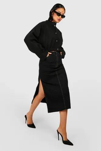 Womens Split Side Contrast Stitch Denim Midaxi Skirt - Black - 6, Black