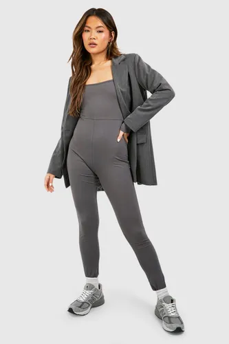 Womens Square Neck Cotton Unitard Jumpsuit - Grey - 10, Grey