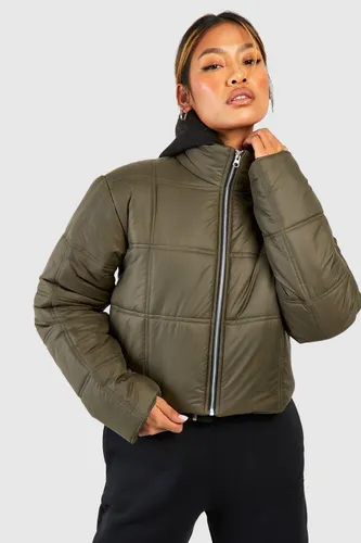 Womens Square Quilted Crop Puffer Jacket - Green - 8, Green