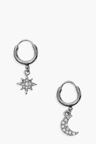Womens Star And Moon Diamante Huggie Hoop Earrings - Grey - One Size, Grey
