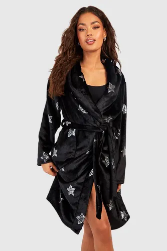 Womens Star Detail Fleece Short Dressing Gown - Black - 6, Black