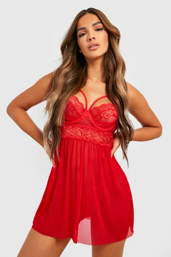 Womens Strapping Lace Babydoll And String Set - Red - L, Red
