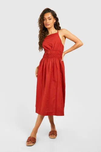 Womens Strappy Linen Shirred Waist Midi Dress - 8, Red