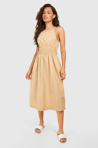 Womens Strappy Linen Shirred Waist Midi Dress - Beige - 8, Beige