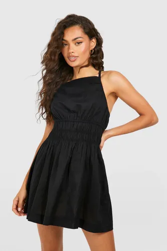 Womens Strappy Linen Shirred Waist Mini Dress - Black - 8, Black