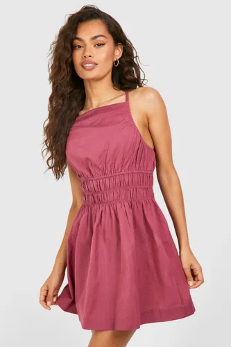 Womens Strappy Linen Shirred Waist Mini Dress - Pink - 8, Pink