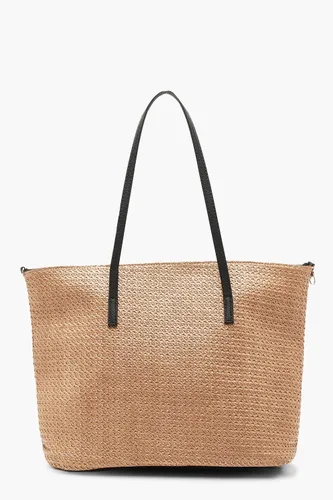 Womens Straw Pu Handle Beach Bag - Beige - One Size, Beige