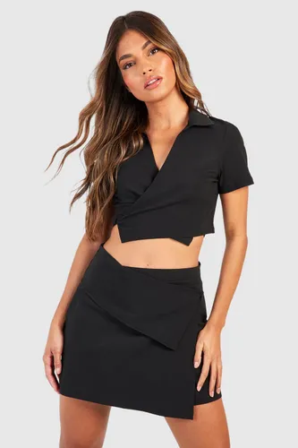 Womens Stretch Wrap Cropped Shirt & Asymmetric Waist Mini - Black - 8, Black