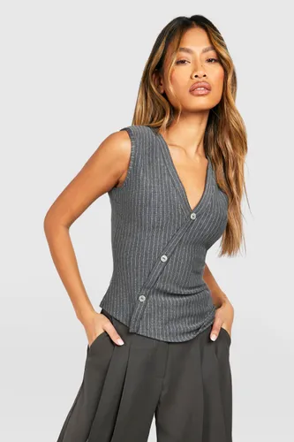 Womens Stripe Asymmetric Waistcoat - Grey - 12, Grey