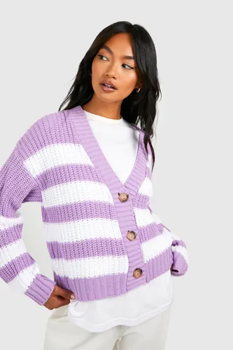 Womens Stripe Button Through Crop Cardigan - Purple - S, Purple
