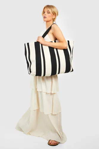 Womens Stripe Canvas Beach Tote Bag - Black - One Size, Black