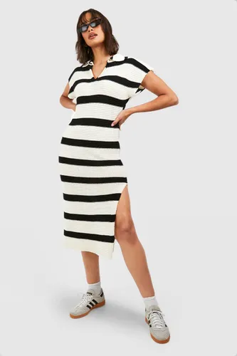 Womens Stripe Collared Knitted Midaxi Dress - White - S, White