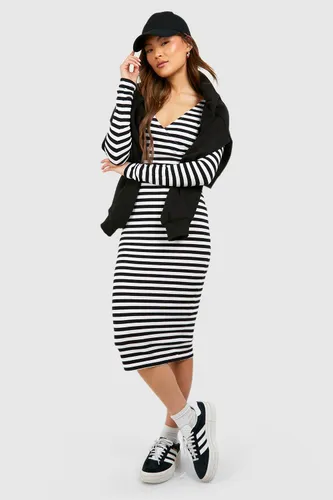 Womens Stripe Cotton Midi Dress - Black - 8, Black