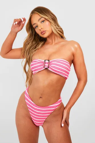 Womens Stripe Crinkle Buckle Bandeau Bikini Set - Pink - 6, Pink