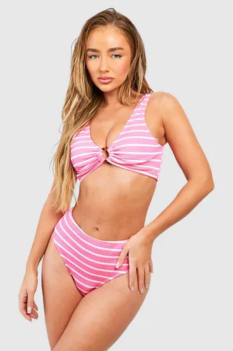 Womens Stripe Crinkle O-Ring Bikini Set - Pink - 6, Pink
