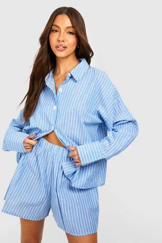 Womens Stripe Cropped Shirt & Short Set - Blue - 6, Blue