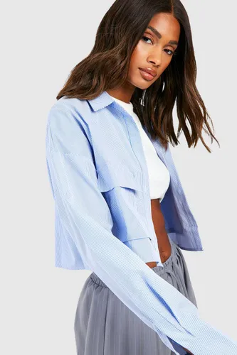 Womens Stripe Double Pocket Cropped Shirt - Blue - 10, Blue