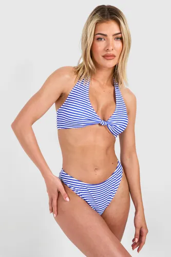Womens Stripe Halterneck Padded Bikini Set - Blue - 6, Blue