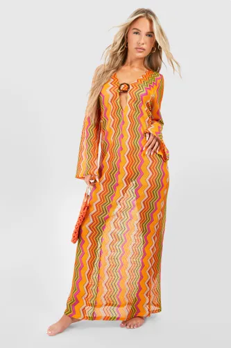 Womens Stripe Knit O-Ring Beach Maxi Dress - Orange - S, Orange