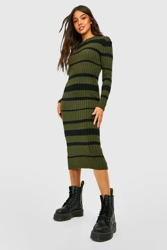 Womens Stripe Knitted Midi Dress - Green - S, Green
