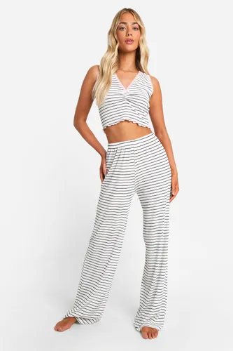Womens Stripe Lace Vest And Trouser Pyjama Set - White - 6, White