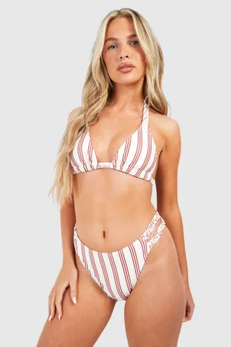 Womens Stripe Print Braided Straps Triangle Bikini Set - White - 16, White