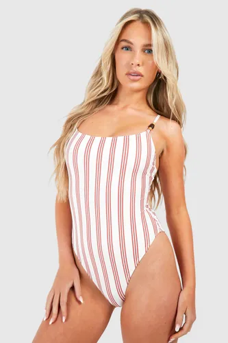 Womens Stripe Print Strap Detail Swimsuit - White - 6, White