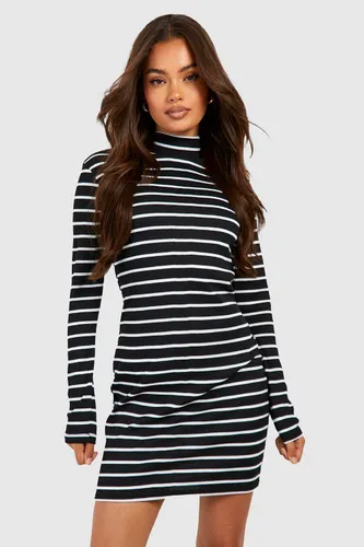 Womens Stripe Rib High Neck Midaxi Dress - Black - 8, Black